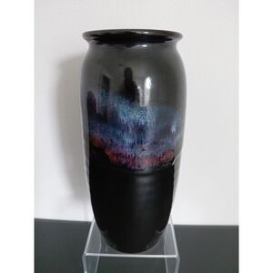 VTG Bruning Studio Pottery Seattle Large Wheel Thrown Vance BLACK BLUE PINK 11"